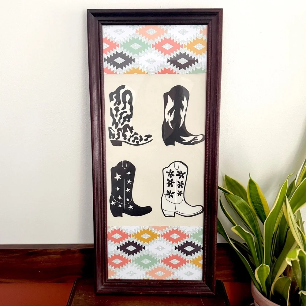 Cowboy Boots Star Cow Print Cowgirl Boots Canvas Print Aztec Southwestern Framed